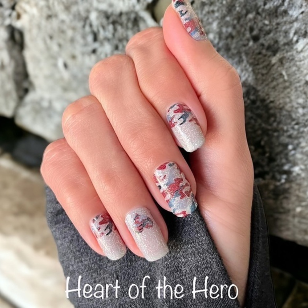 Color Street | Heart of the Hero, a light glittery silver red & blue camo